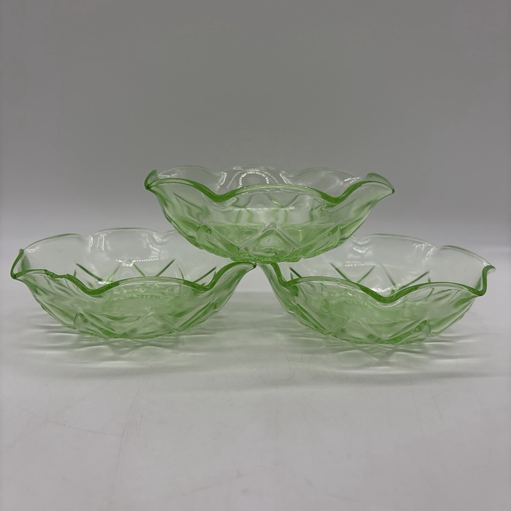 Lot of 3 Hazel Atlas Green Uranium Depression Glass Bowls Ruffle Edge READ